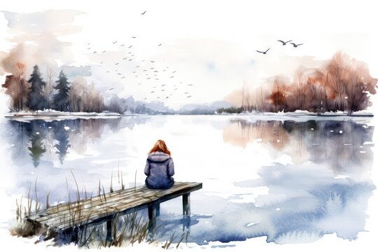 lonely girl sit on jetty by the lake in winter watercolor