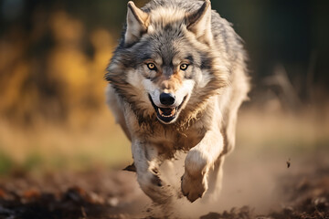 Obraz premium Wolf running at high speed hunting some wild animal. wild wolf, hunting animals