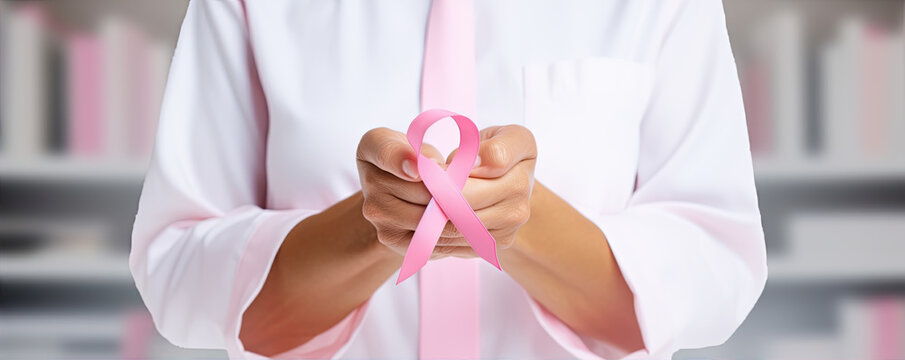 Doctor holding cancer ribon. Pink ribon breast symbol.