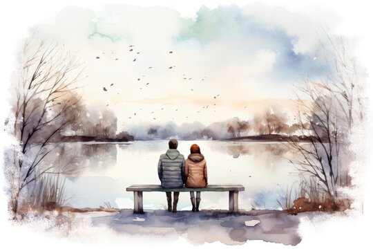 couple sit on bench by lake in winter watercolor design