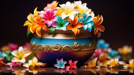 A fragrant jasmine flower in a rainbow-patterned pot, showcasing its pristine petals.