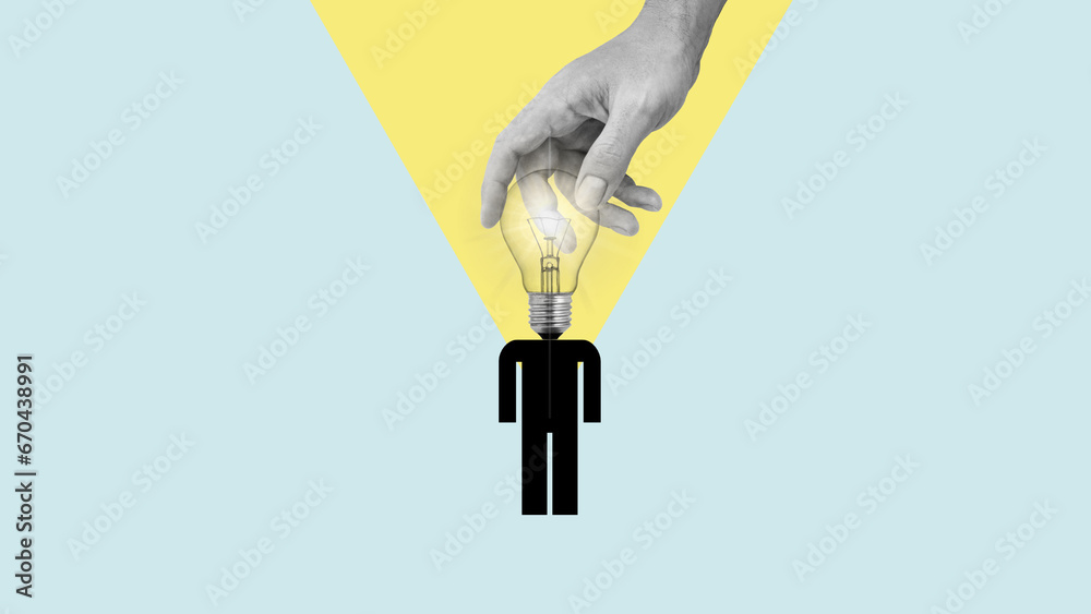 Poster Art collage with a person with a head in the form of a lamp who is held by hand and creates new idea. Concept of startup, solving problems, mentoring  and creativity