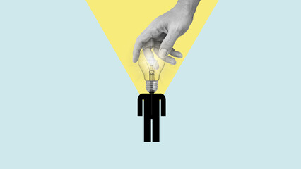 Art collage with a person with a head in the form of a lamp who is held by hand and creates new...