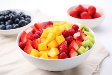 a bowl of rainbow-colored fruit salad on a white tablecloth