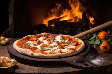 a clay oven with a pizza being introduced on a wooden paddle