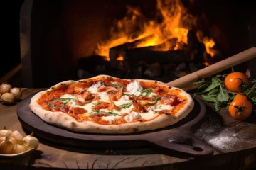 Foto op Plexiglas a clay oven with a pizza being introduced on a wooden paddle © Alfazet Chronicles