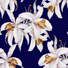 Seamless pattern with white lilies in watercolor style - 670439511