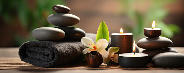 Massages stones and candles. Spa relaxation concept.