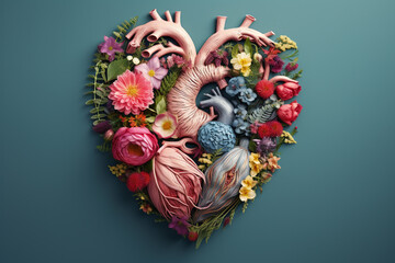 Naklejka premium Top view of heart shape made of blooming flowers