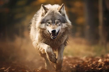 Foto auf Leinwand Wolf running at high speed hunting some wild animal. wild wolf, hunting animals © MrJeans