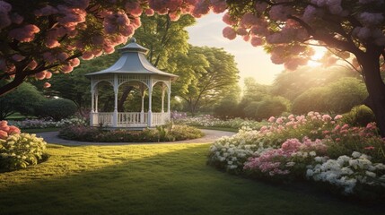 A gazebo in the midst of a blooming garden, surrounded by a pristine lawn under the soft hues of morning light.