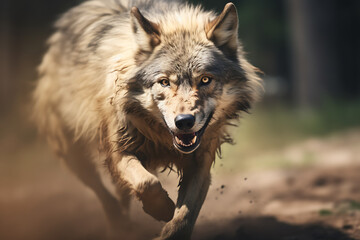Naklejka na ściany i meble Wolf running at high speed hunting some wild animal. wild wolf, hunting animals