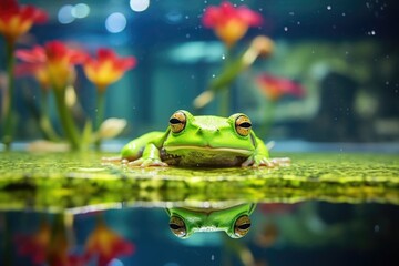 frog in an aquarium with decorated lily pads