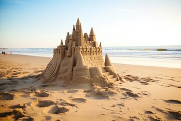 a sandcastle built at the beach, no people - obrazy, fototapety, plakaty