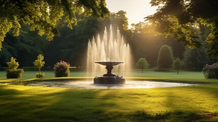 A glistening fountain, with water droplets catching the morning sun, set against a pristine and expansive lawn. - Powered by Adobe