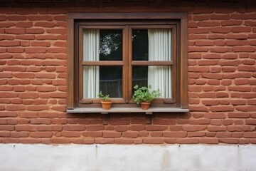 close-up of a farmhouses brick wall with a wooden window frame