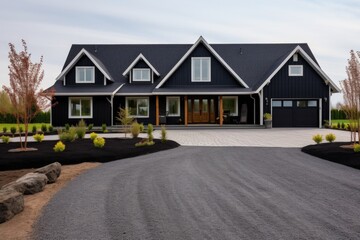 a farmhouse with a black, gabled front entry and a gravel driveway - obrazy, fototapety, plakaty