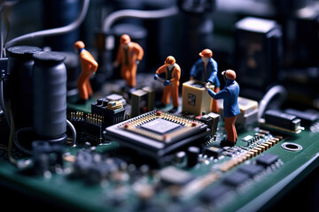 Fototapeta na wymiar Miniature Technician Team Figurines Expert Maintenance on a Computer Motherboard, Symbolizing Precision and Skill in Technology. created with Generative AI
