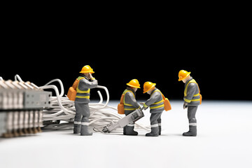 Fototapeta premium Technician Team Figurines Skilled Technicians with Cat5 Network Cable, Illustrating a Networking Concept with Precision and Expertise. created with Generative AI
