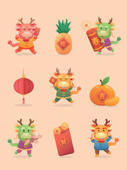 Set of cute Chinese dragon characters or mascots, playful and cute cartoon characters, vector elements for Chinese New Year, translation: prosperity