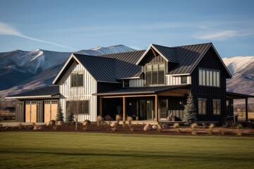 farmhouse with barn addition against mountainous backdrop