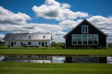 cloud reflections on the windows of a farmhouse with barn additions