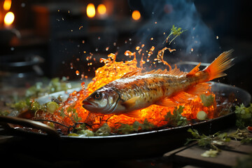 Obraz na płótnie Canvas illustration of whole fish of carp on frying pan in levitation, frying over flame grill