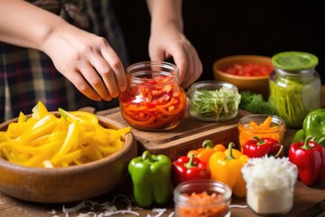 hand filling bell peppers with fermented salsa and cheese - obrazy, fototapety, plakaty