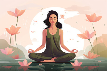 mediating woman in yoga pose on lotus background illustration - obrazy, fototapety, plakaty
