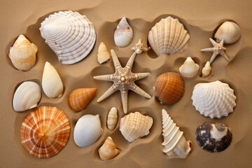 Fototapeta na wymiar guide to identifying different types of sea shells on a sandy surface