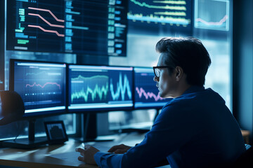 Fototapeta na wymiar Business man trader big data analyst looking at computer monitor, stock broker analysing indexes, financial chart trading online on screen