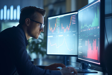 Business man trader big data analyst looking at computer monitor, stock broker analysing indexes, financial chart trading online on screen
