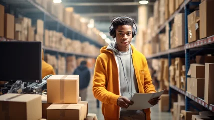 Photo sur Plexiglas Magasin de musique African American supervisor holding a cardboard box Young warehouse worker wearing headphones listening to music