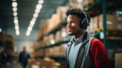 African American supervisor holding a cardboard box Young warehouse worker wearing headphones listening to music