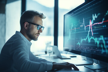 Business man trader big data analyst looking at computer monitor, stock broker analysing indexes, financial chart trading online on screen - obrazy, fototapety, plakaty