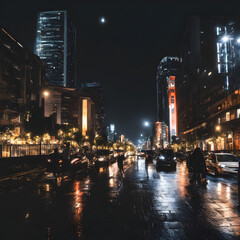 Night view of the city skyline with cars on the street and bright neon lights on buildings