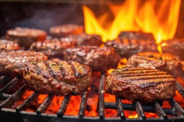 a row of burgers flame-grilling on a round bbq grill