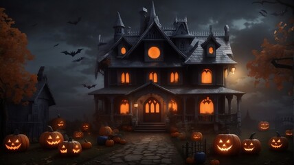 Fototapeta na wymiar Spooktacular Halloween House: Haunted Home Pumpkin Décor and Frightful Fun