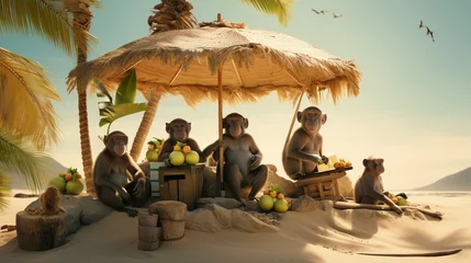 Fotobehang A group of playful monkeys taking refuge from the sun under a large palm umbrella, with bananas nearby in the sand. © Ahmad