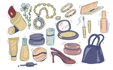 Cosmetics set hand-drawn doodle sketch individual elements on a white background cream shoes smka eye shadow mascara