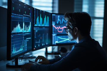 Business man trader big data analyst looking at computer monitor, stock broker analysing indexes, financial chart trading online on screen