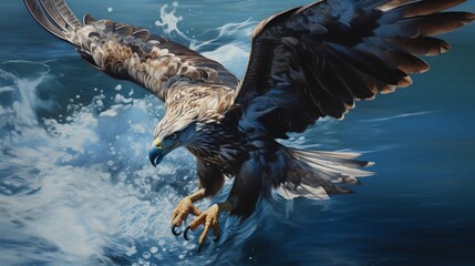 A hawk, descending in a dance spiral, its shadow mingling with the azure waters. - obrazy, fototapety, plakaty
