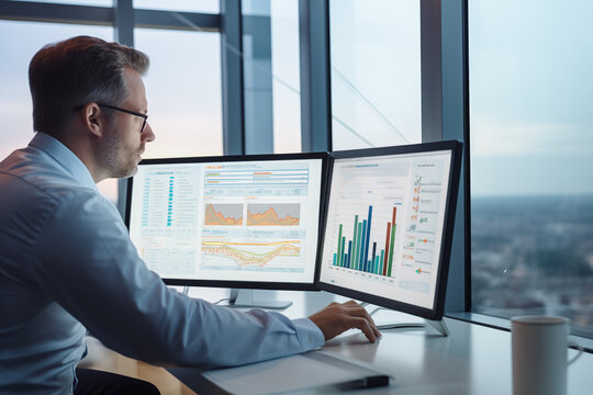Business man trader big data analyst looking at computer monitor, stock broker analysing indexes, financial chart trading online on screen