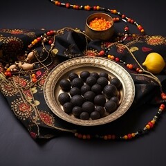 illustration of Traditional Indian black color Saari and kumkum, Generative ai