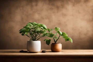 A white pot and a brown pot of plants on brown table 