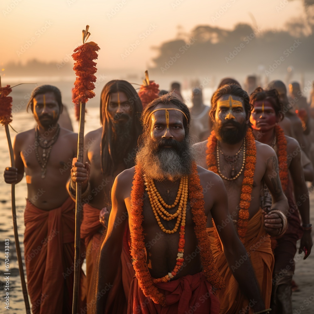 Wall mural illustration ofunidentified hindu pilgrims carrying out a religious, generative ai