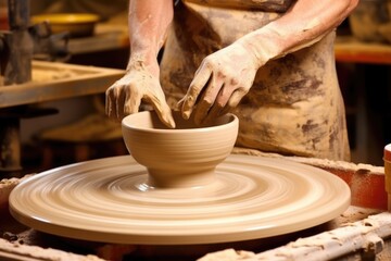 a professional pottery wheel in a well-lit studio - obrazy, fototapety, plakaty
