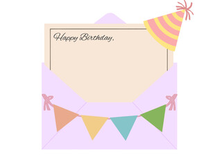blank birthday card theme with purple envelope small text isolated on white