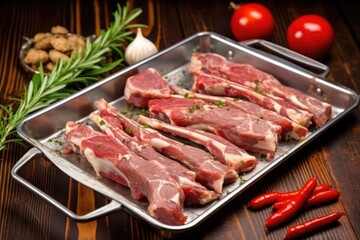 Fototapeta premium silver tray with seasoned lamb ribs ready to roast