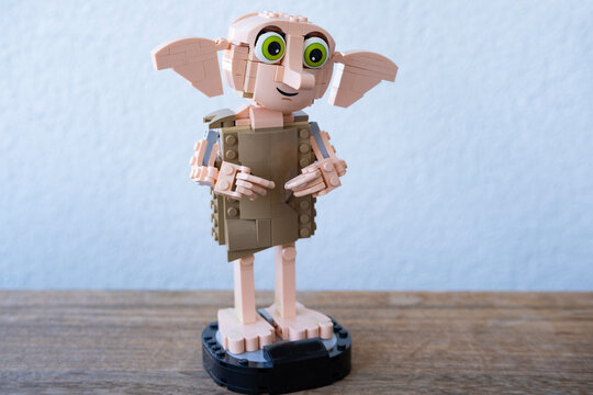Close-up of construction from LEGO pieces, Fandom figure of elf Dobby, construction toys in children's development, Harry Potter Fan Culture, Frankfurt - October, 28, 2023